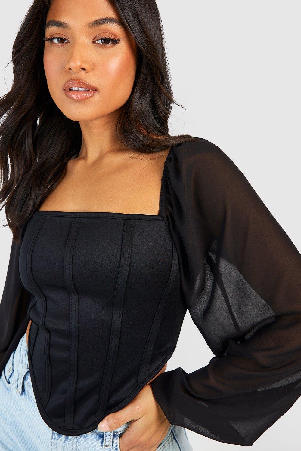 Black Petite Chiffon Puff Sleeve Dipped Hem Corset Top