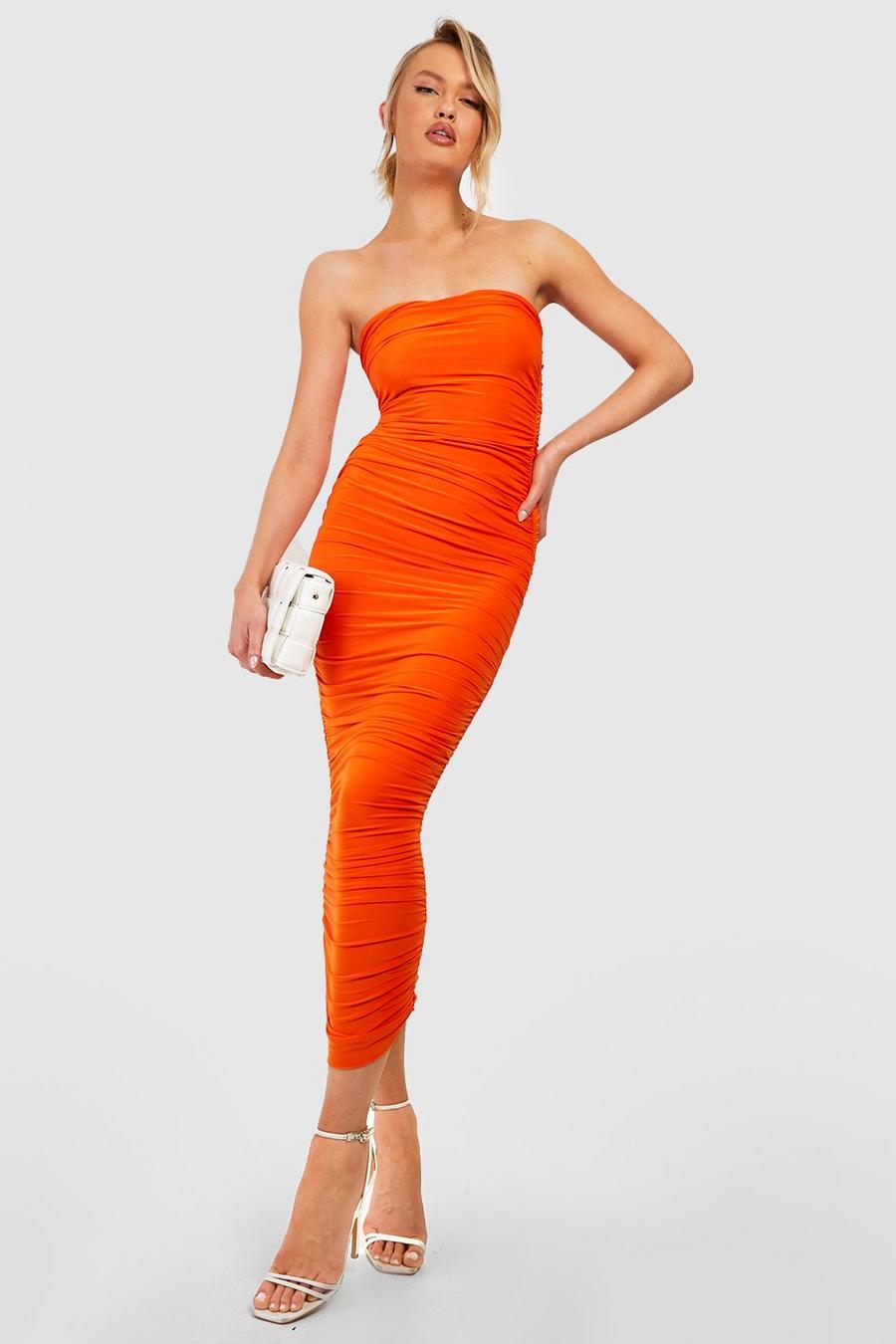 Orange Tall Bandeau Slinky Ruched Midaxi Dress image number 1