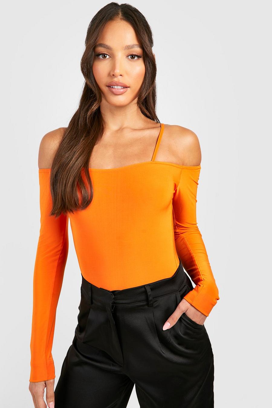 Orange Tall Bardot Cold Shoulder Slinky Bodysuit image number 1