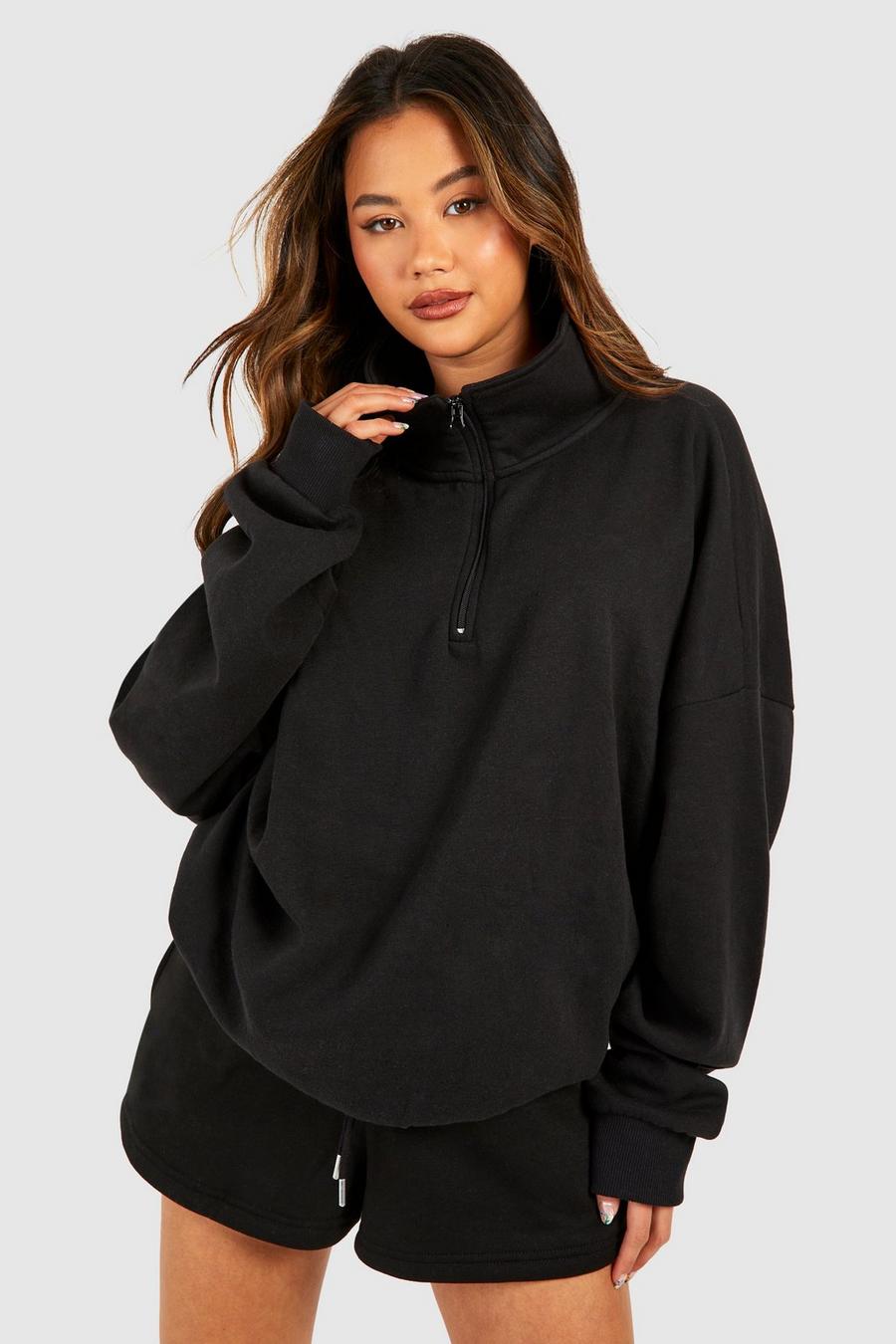 Oversize Sweatshirt mit halbem Reißverschluss, Black noir