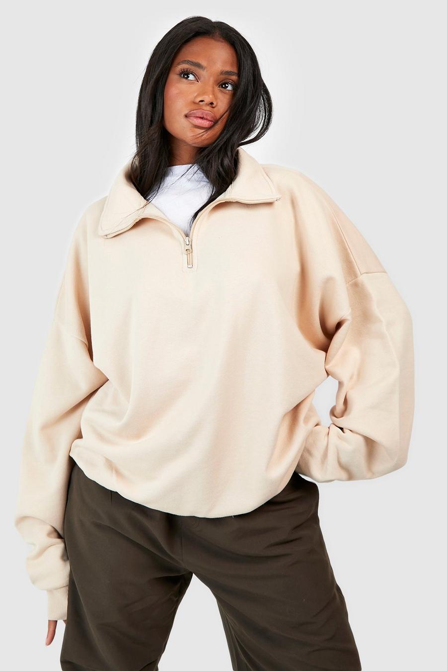 Stone beige Half Zip Oversized Sweatshirt image number 1