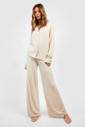 Stone Beige Jersey Wide Leg Pyjama Trouser