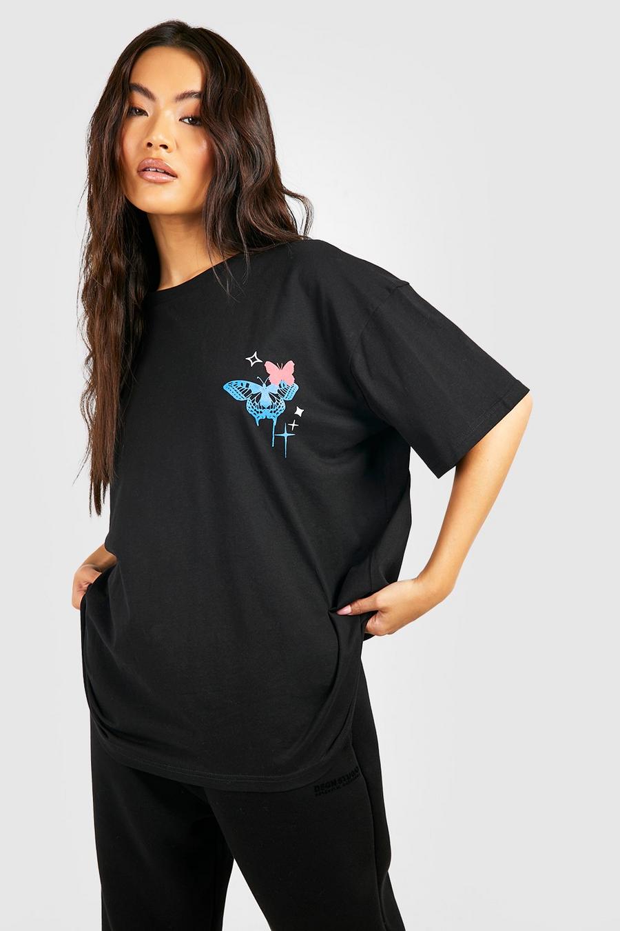 Black schwarz Butterfly Graffiti Front And Back Print Oversized T-shirt