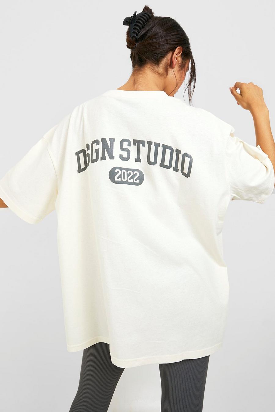 Camiseta oversize con estampado Dsgn Studio en la espalda, Ecru bianco