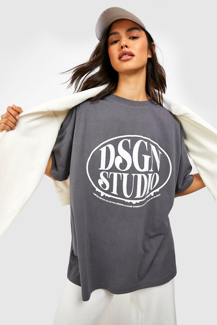 T-shirt oversize con stampa Dsgn Studio sul petto, Charcoal image number 1