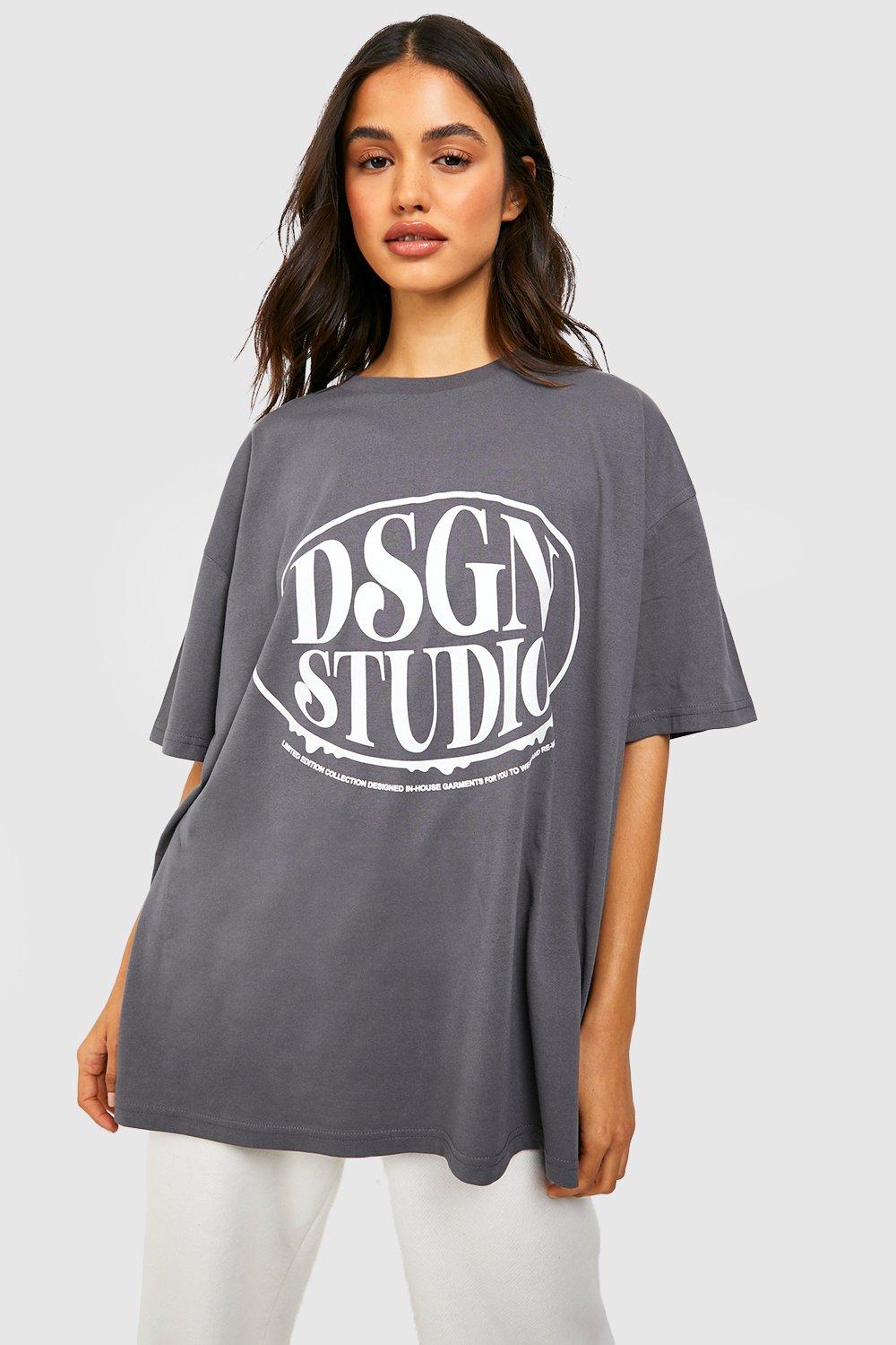 Women's Charcoal Dsgn Studio Chest Print Oversized T-shirt | Boohoo UK