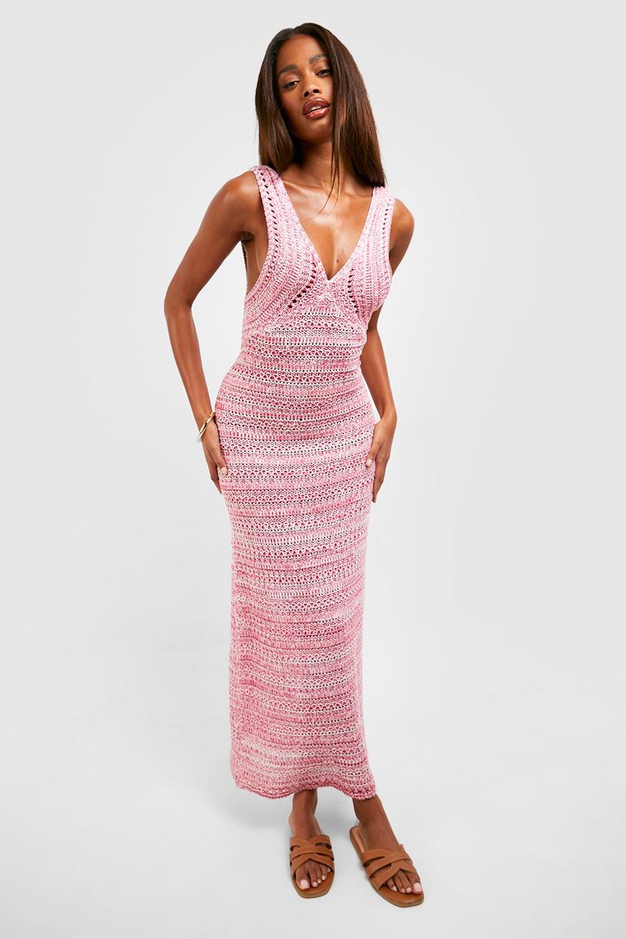Hot pink Premium Ombre Marl Knit Crochet Maxi Dress image number 1
