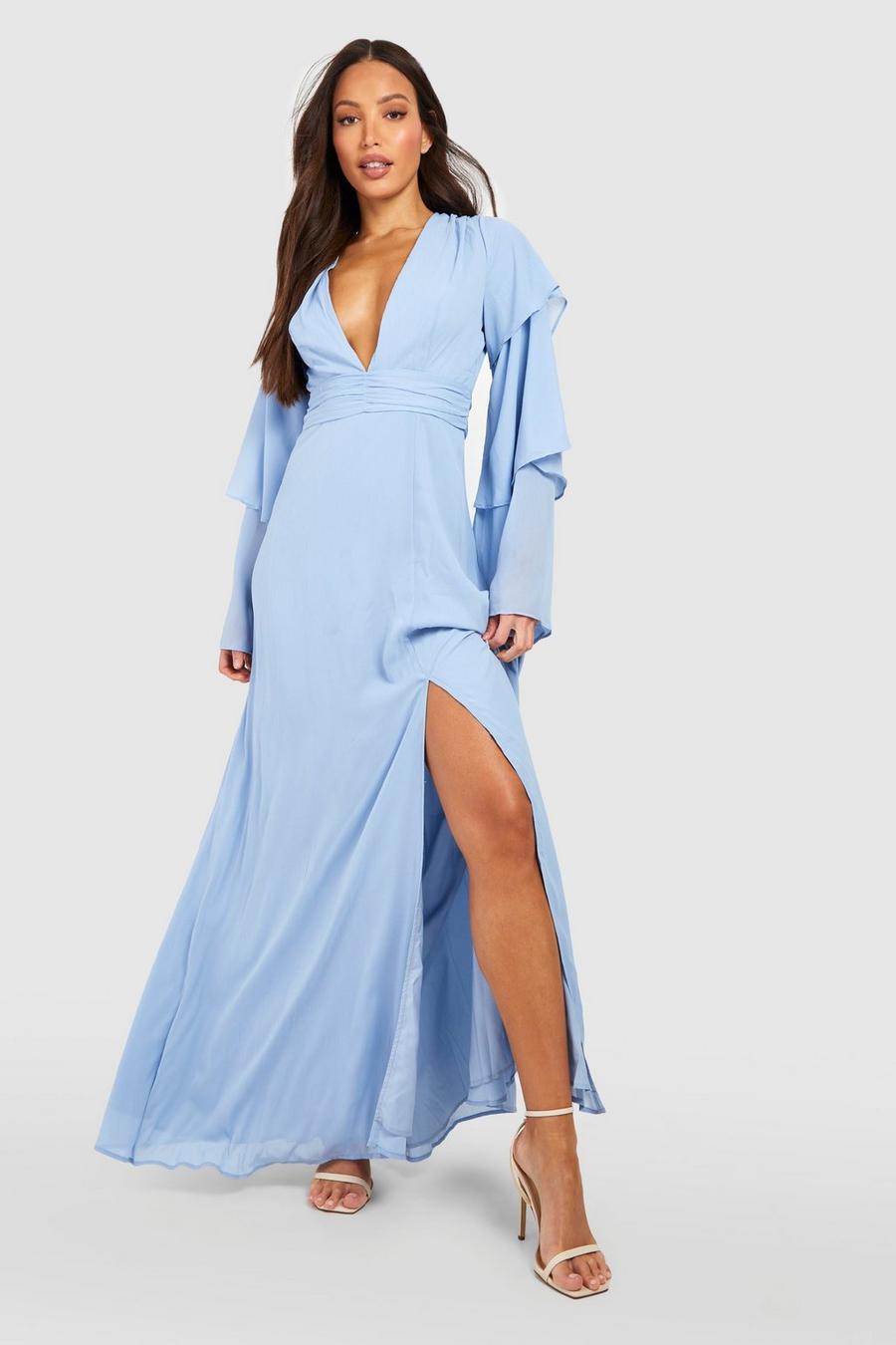 Pastel blue Tall Bridesmaid Tiered Sleeve Occasion Maxi Dress