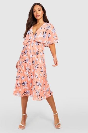 Pink Tall Cape Detail Pleated Occasion Midi Dress