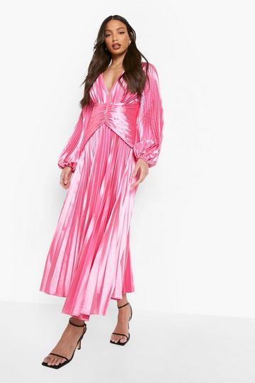 Fuchsia Pink Tall Satin Pleated Midi Occasion Dress