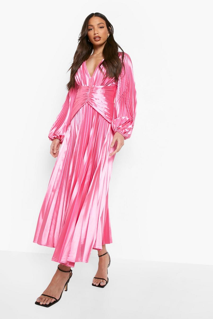 Fuchsia Tall Satin Pleated Midaxi Occasion Dress image number 1