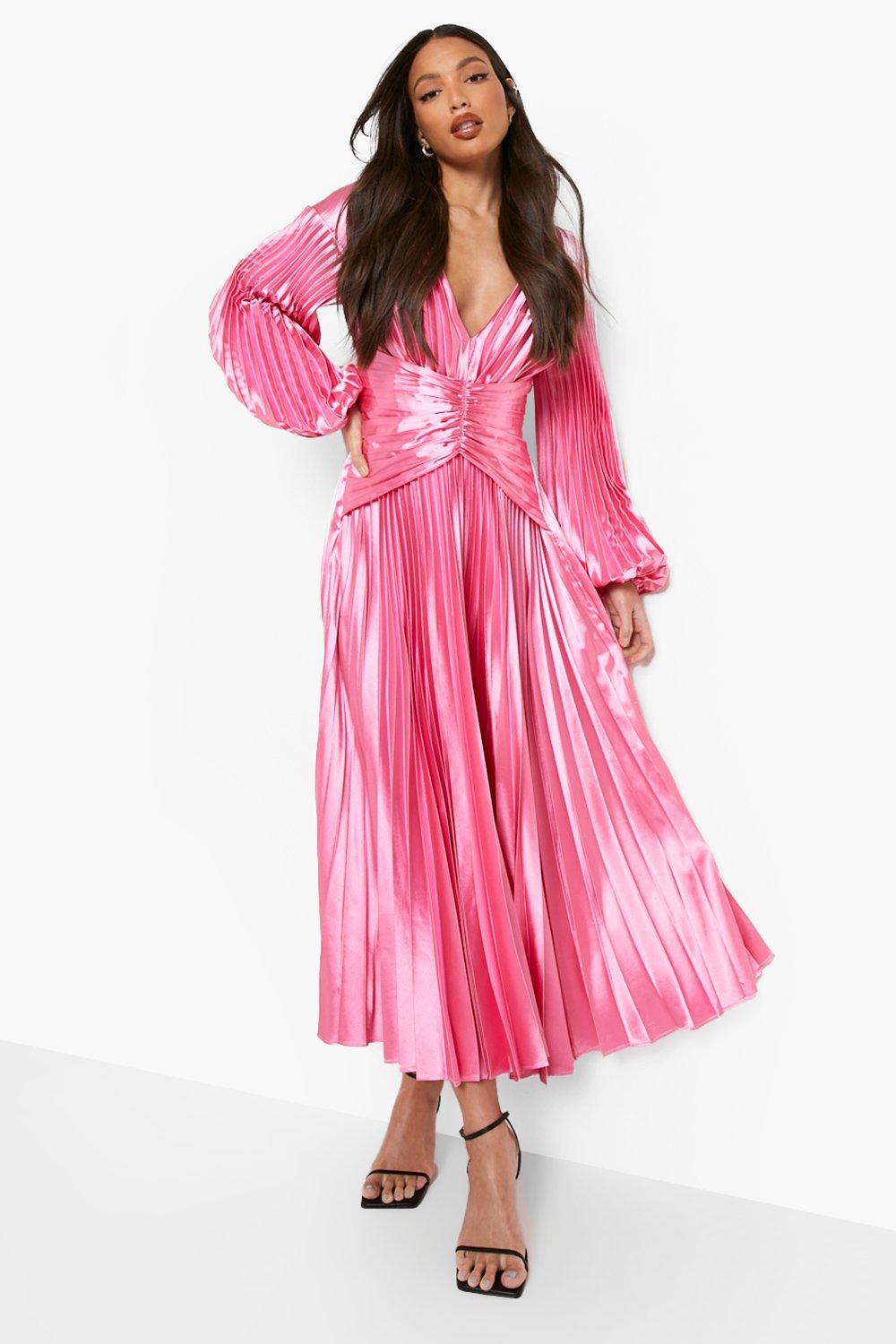 Pink satin pleated dress best sale