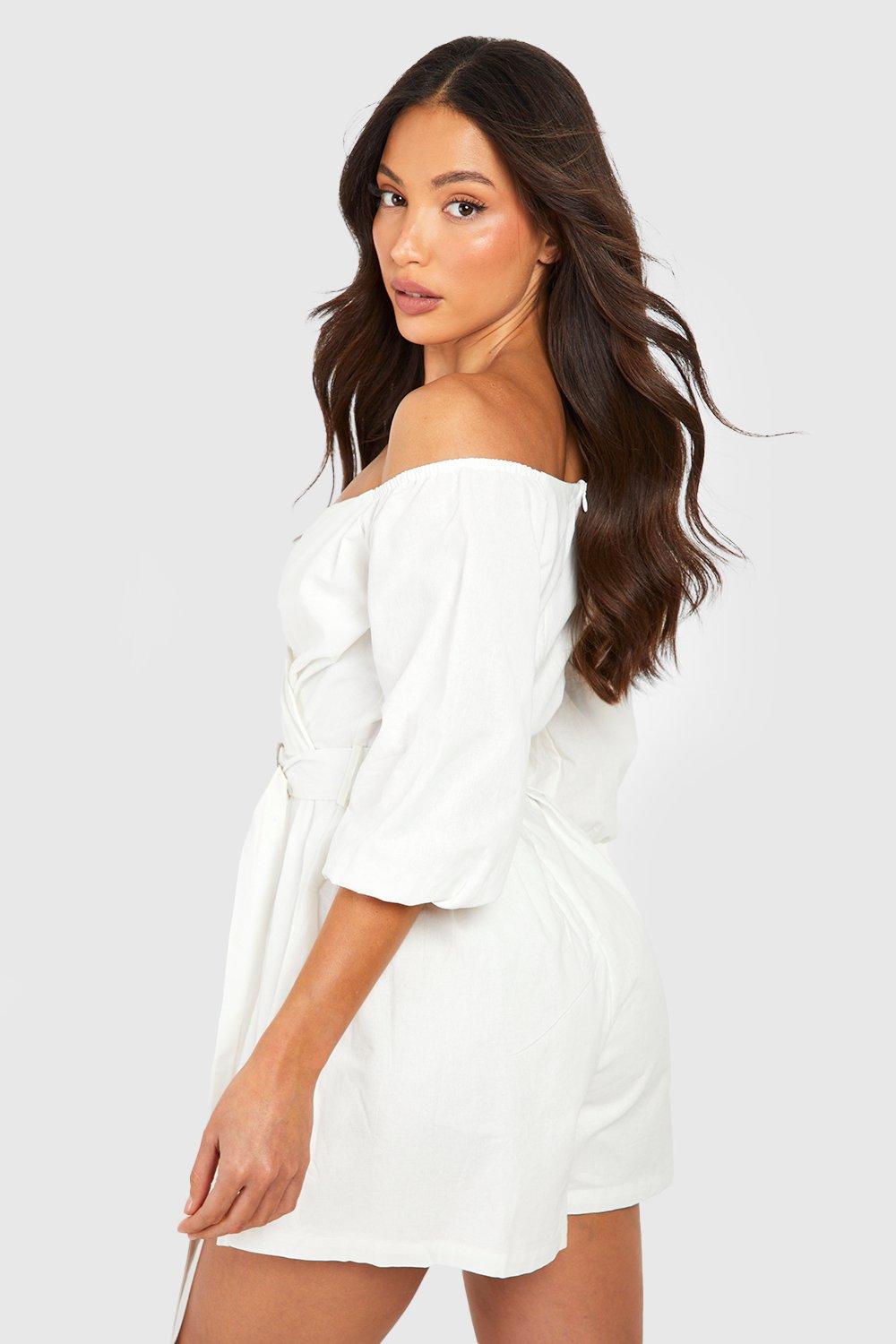 Tall Linen Look Mix Off The Shoulder Belted Wrap Romper
