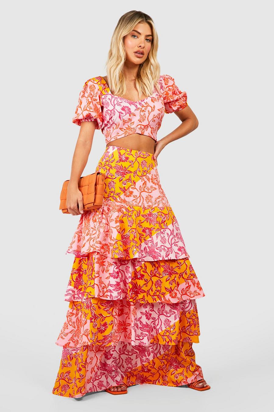 Mixed Print Sweetheart Puff Sleeve Crop & Tiered Maxi Skirt, Pink rosa image number 1