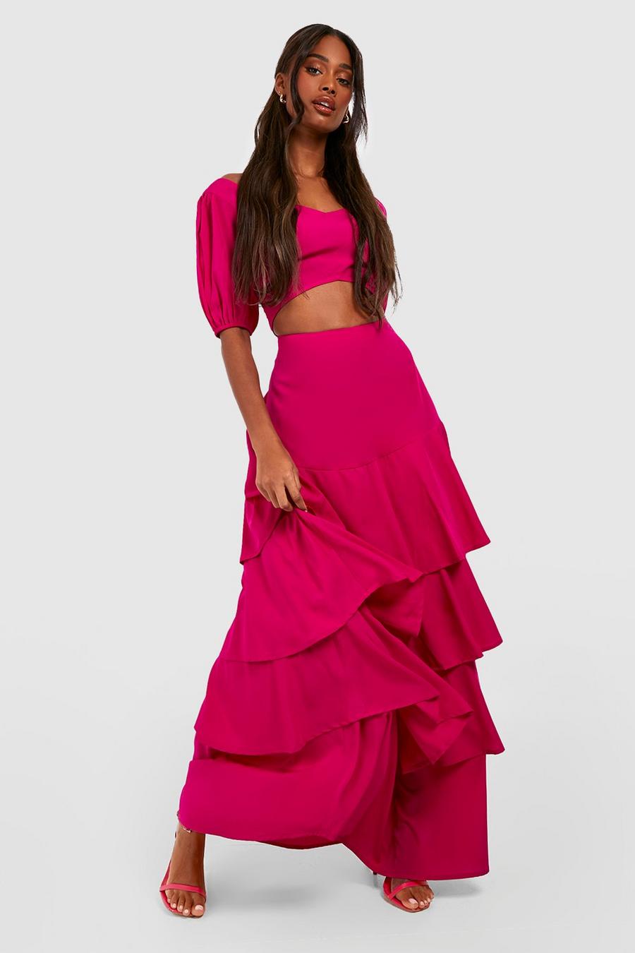 Hot pink Sweetheart Puff Sleeve Crop & Tiered Maxi Skirt  image number 1