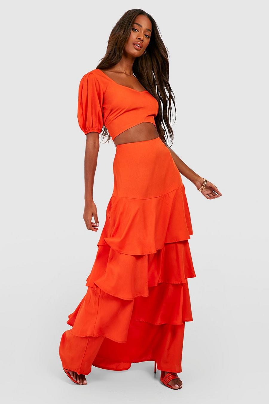 Orange Sweetheart Puff Sleeve Crop & Tiered Maxi Skirt image number 1