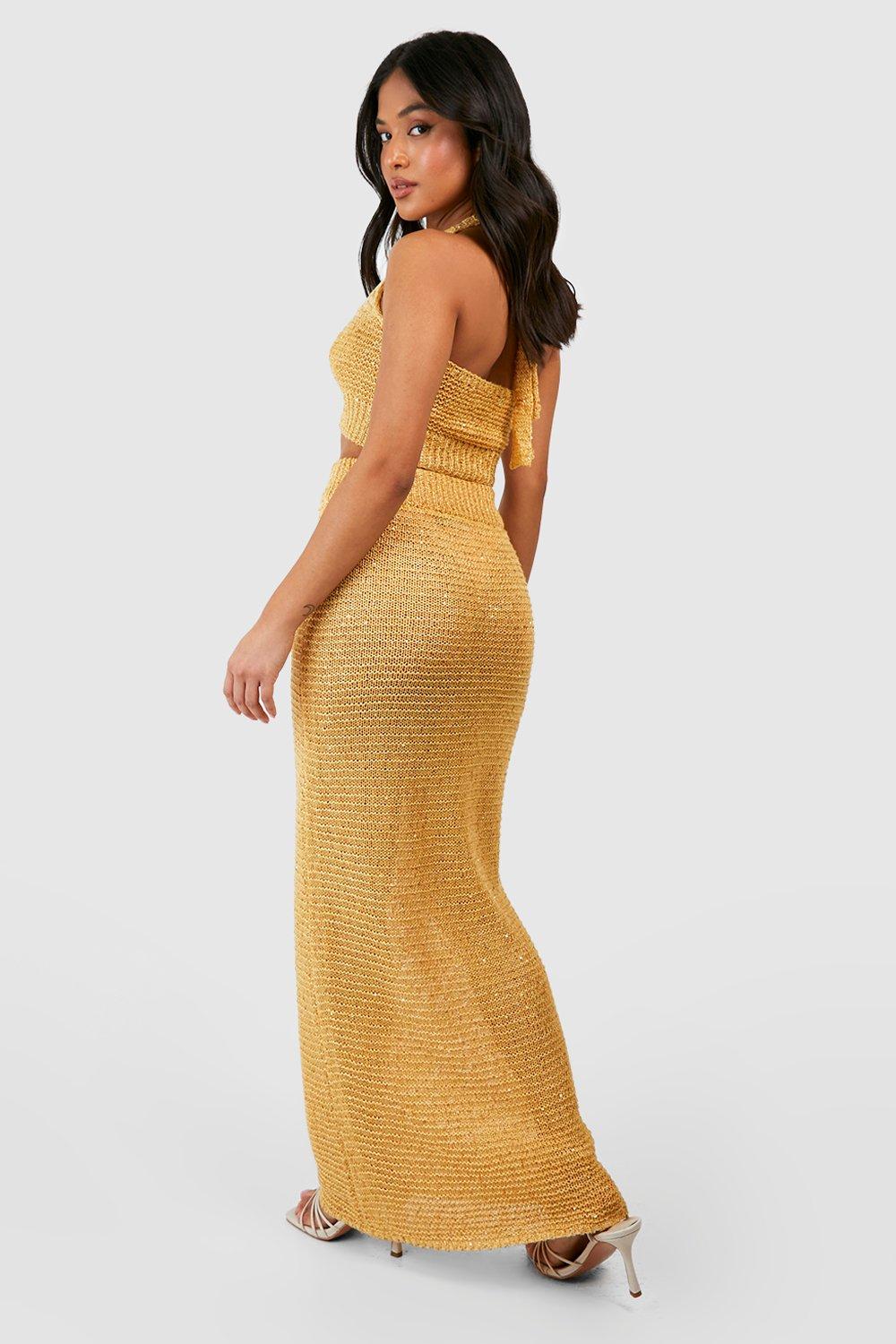 boohoo Petite Sequin Crochet Maxi Skirt Yellow Size XL