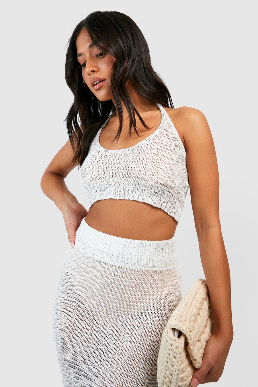 Petite Sequin Crochet Halter Top , White blanco