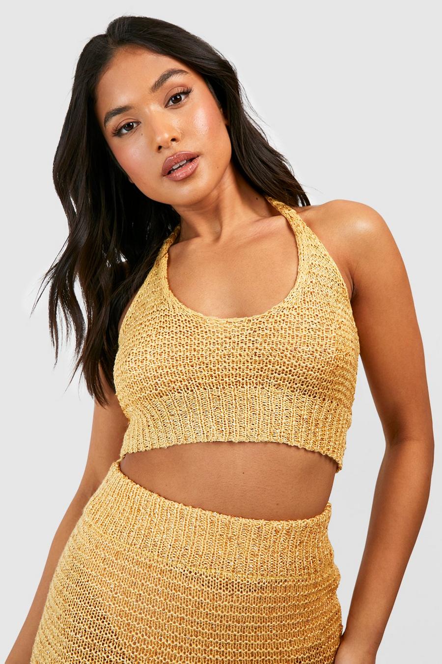 Yellow amarillo Petite Sequin Crochet Halter Top 