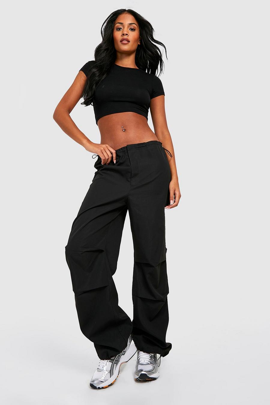 Black Tall Low Rise Elasticated Waist Parachute Cargo Trouser image number 1