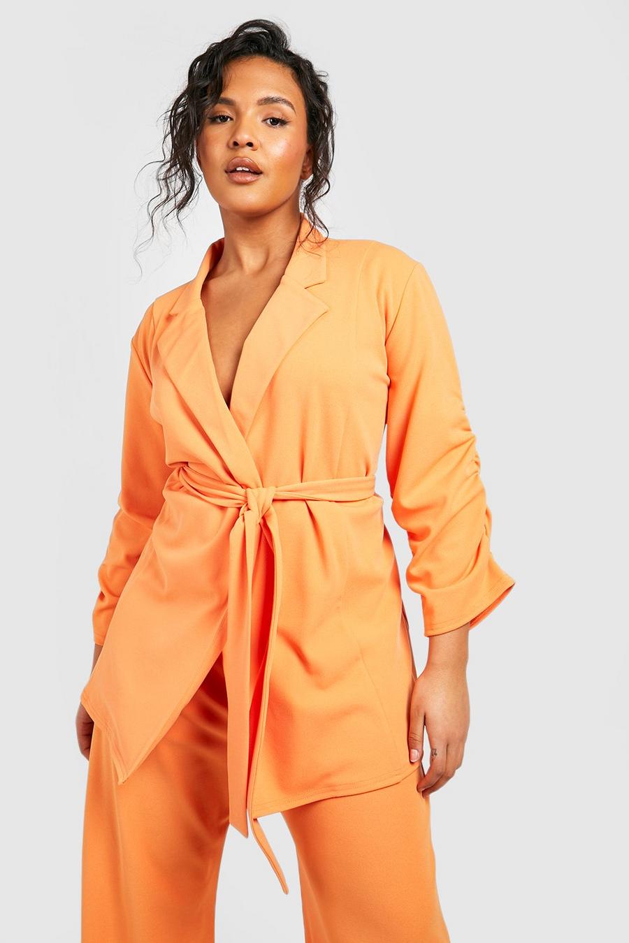 Blazer Plus Size in jersey con cintura e ruches sulle maniche, Pale orange arancio