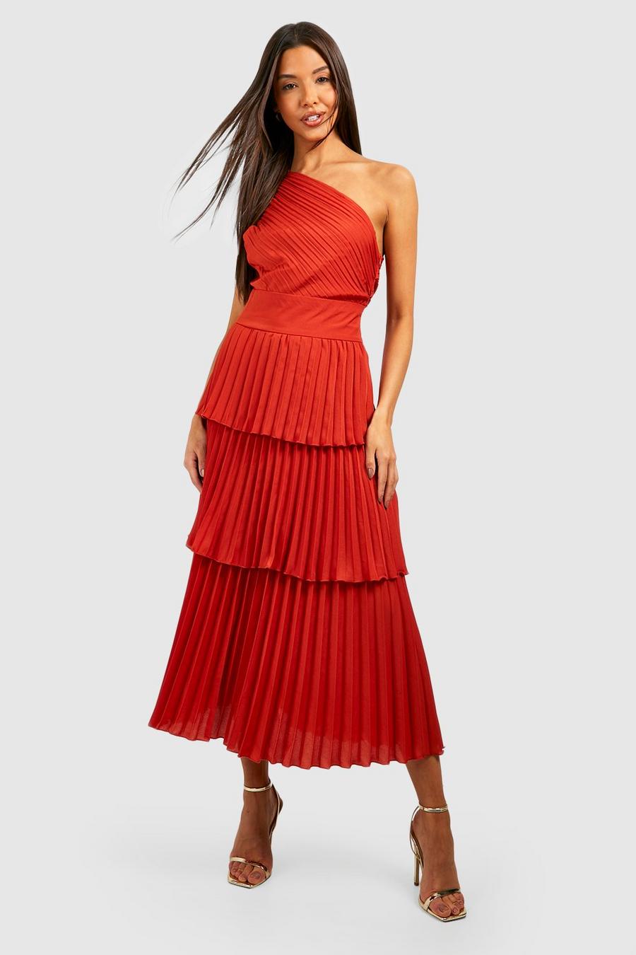 Berry Pleated Ruffle Detail Midi Dress
