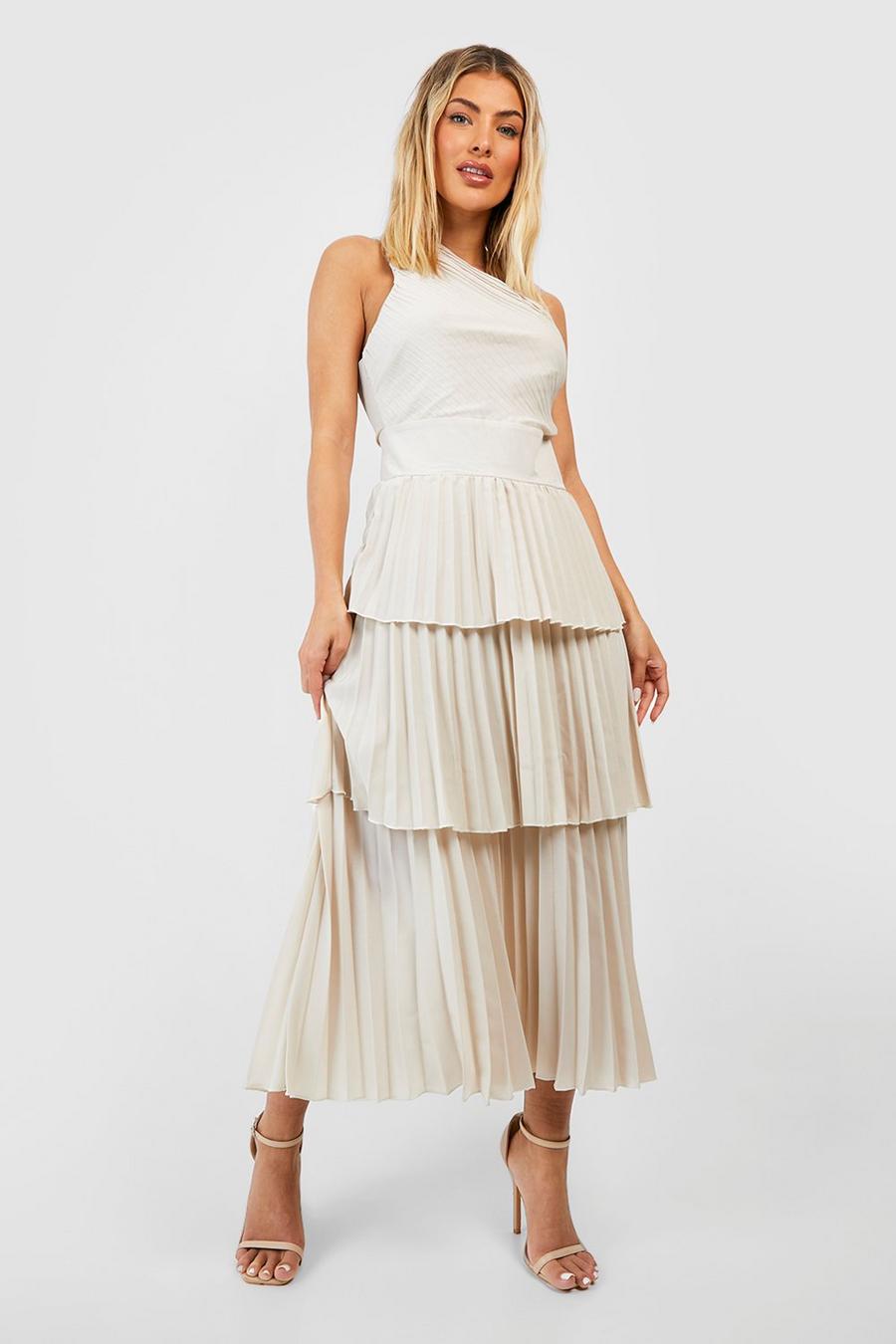 Champagne Pleated Ruffle Detail Midi Dress image number 1