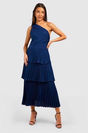 Pleated Ruffle Detail Midi Dress navy