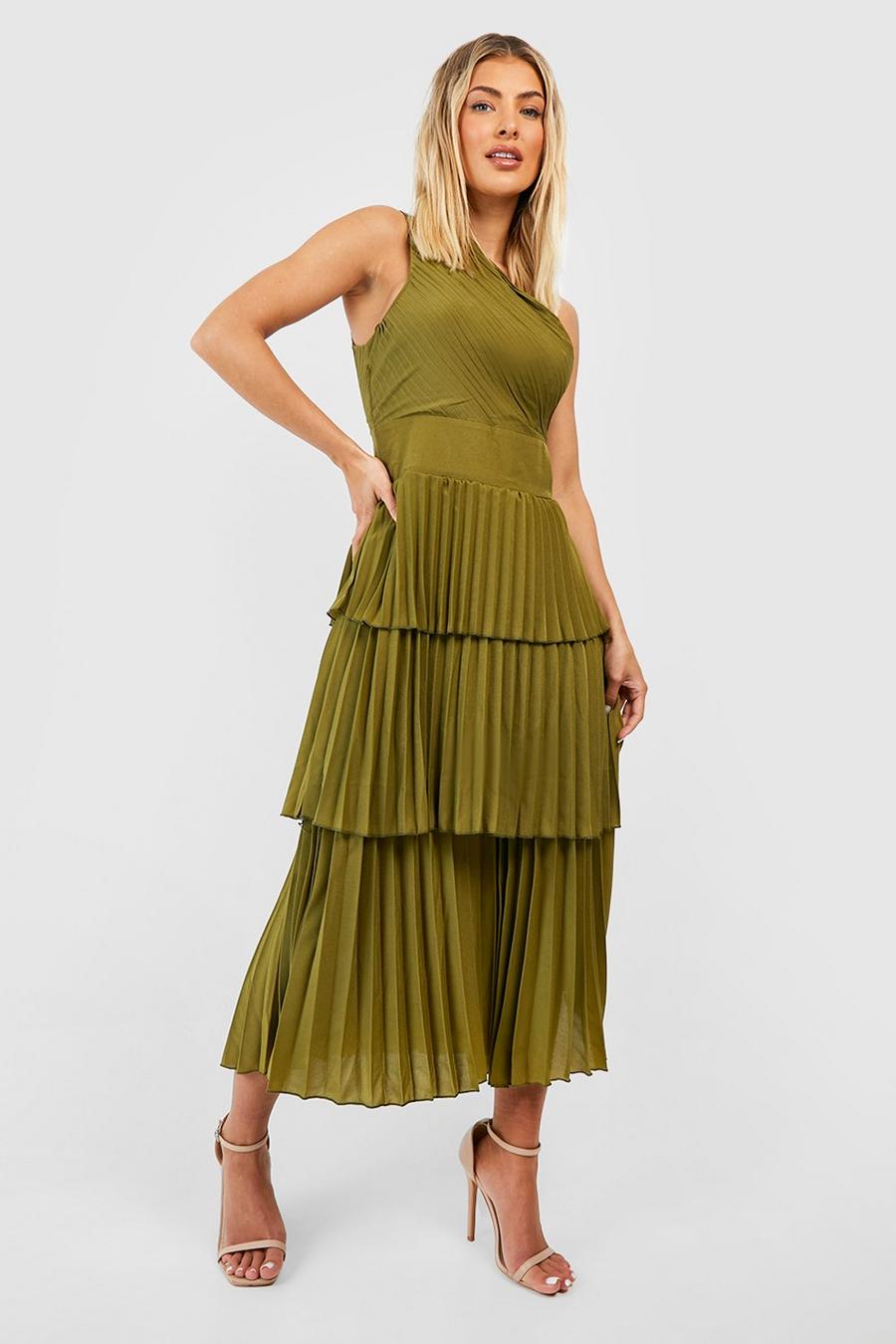 Olive green Pleated Ruffle Detail Midi Dress