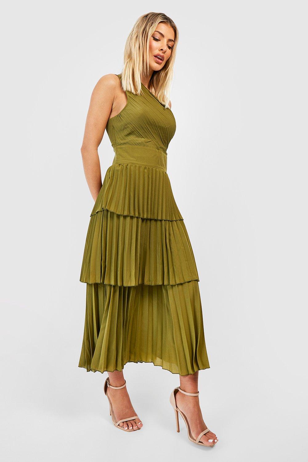 Pleated Ruffle Detail Midi Dress | boohoo UK