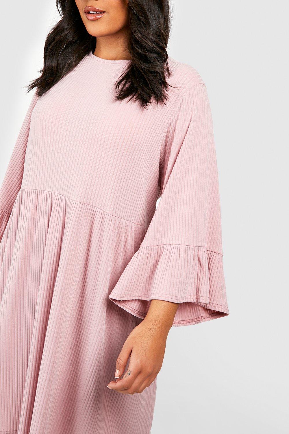 Plus Soft Rib Ruffle Wide Sleeve Smock Dress boohoo