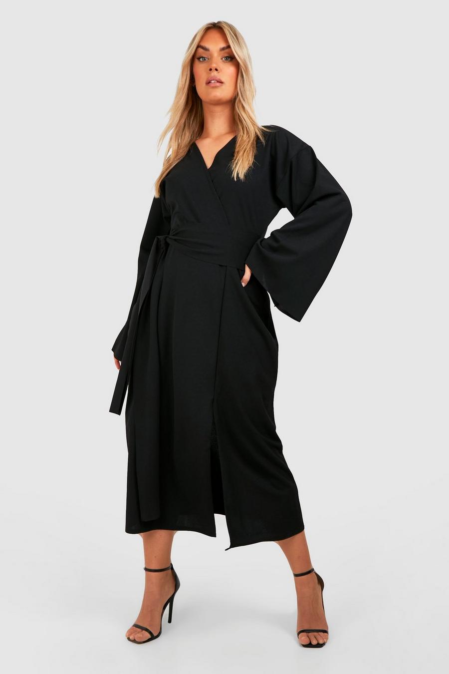 Black Plus Kimono Sleeve Tie Belt Skater Dress image number 1