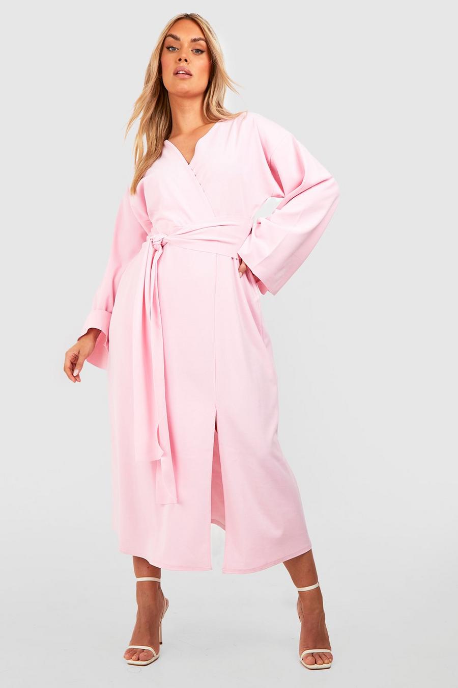 Plus Kimono Sleeve Tie Belt Skater Dress, Pink rosa