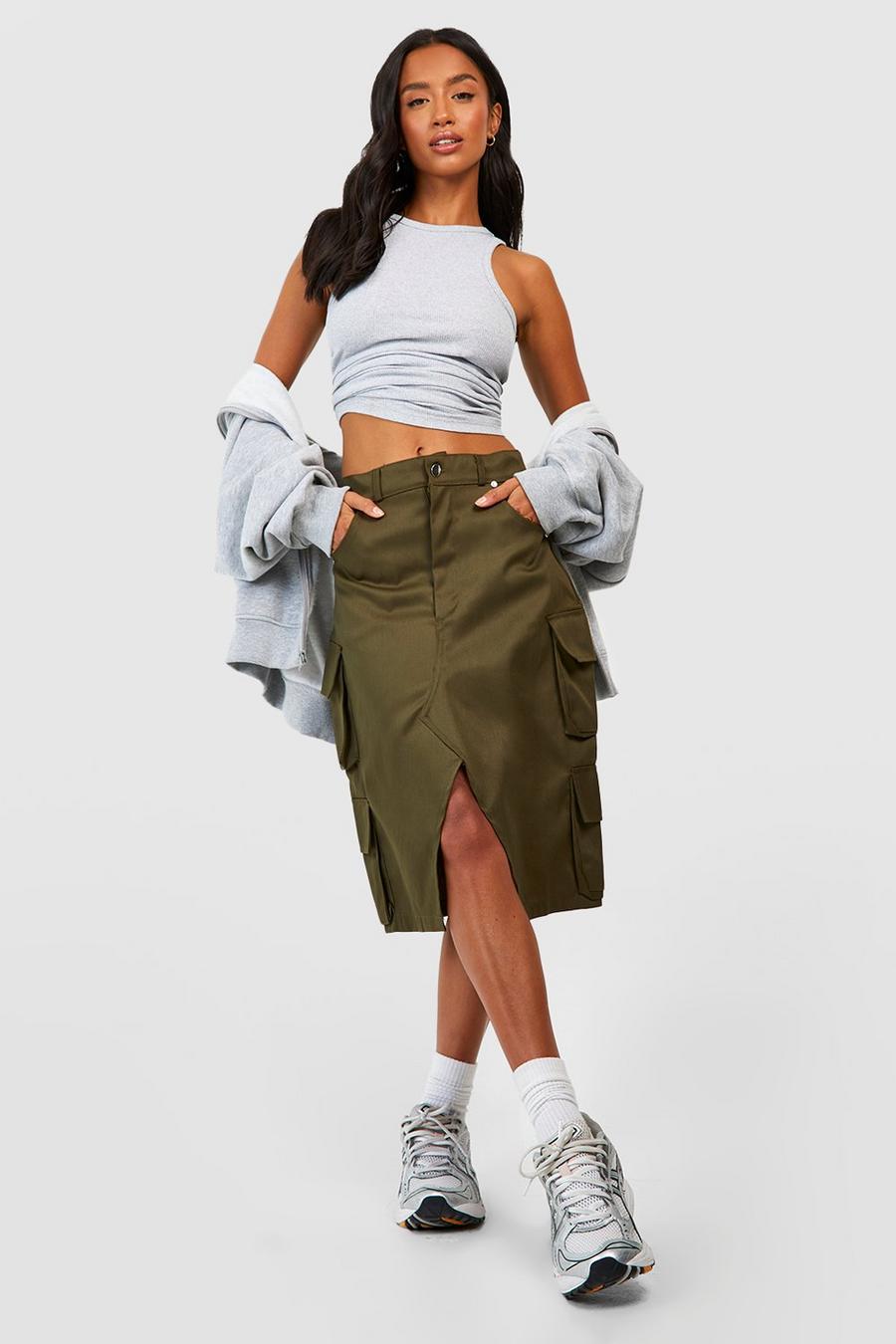 Khaki Petite Pocket Detail Cargo Midi Skirt image number 1