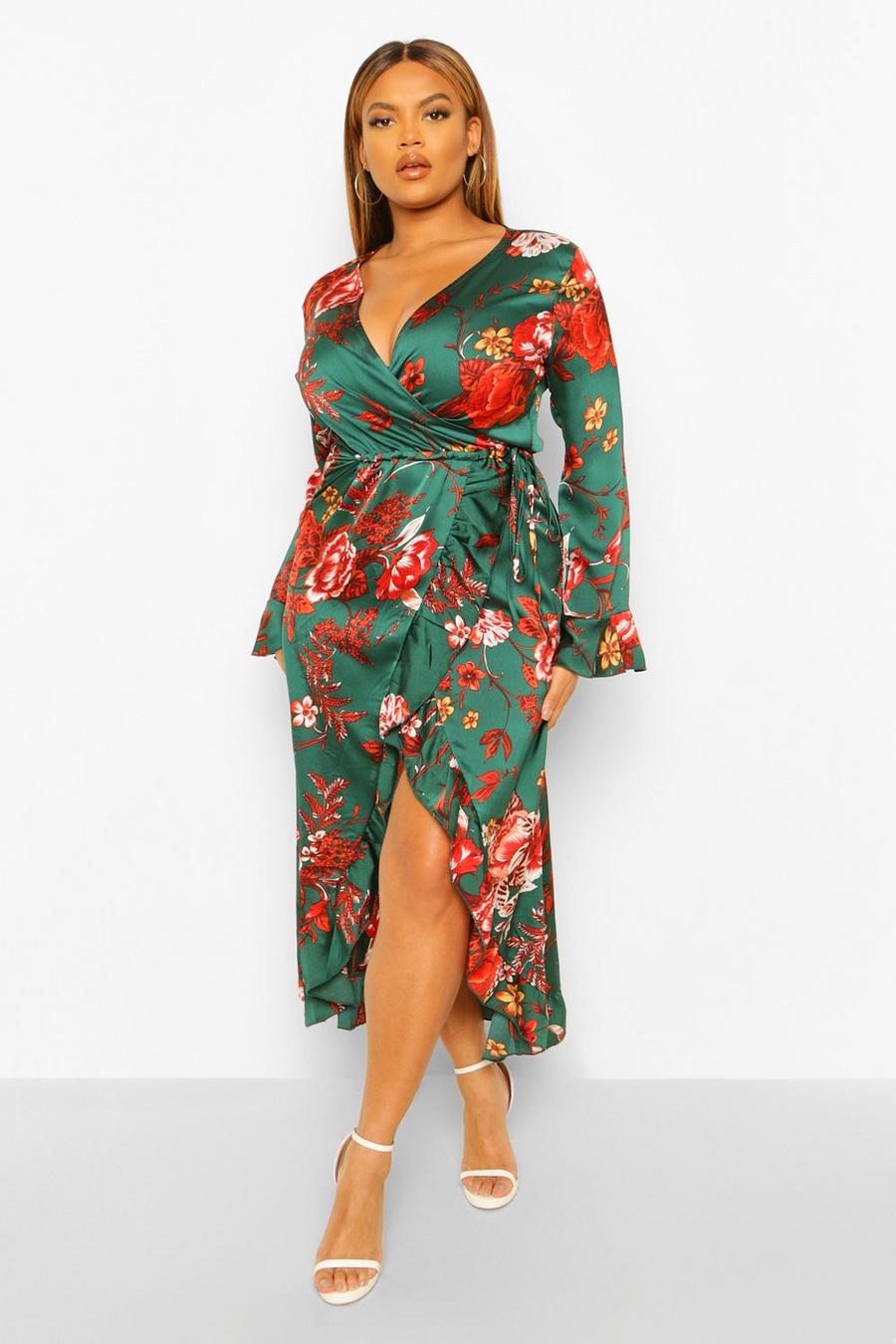 Green Plus Floral Ruffle Wrap cut Dress image number 1