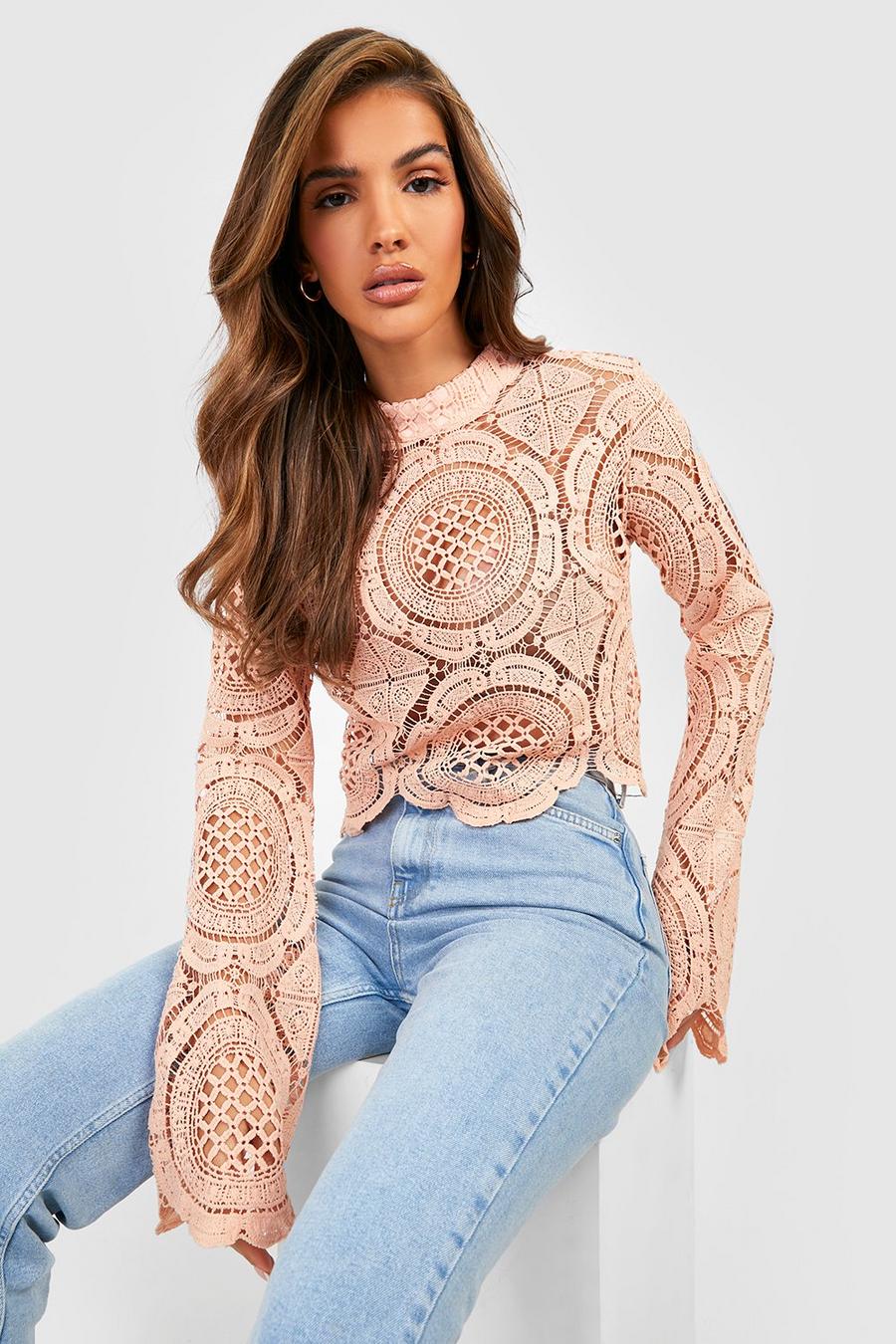 Nude Premium High Neck Flared Sleeve Lace Crop image number 1