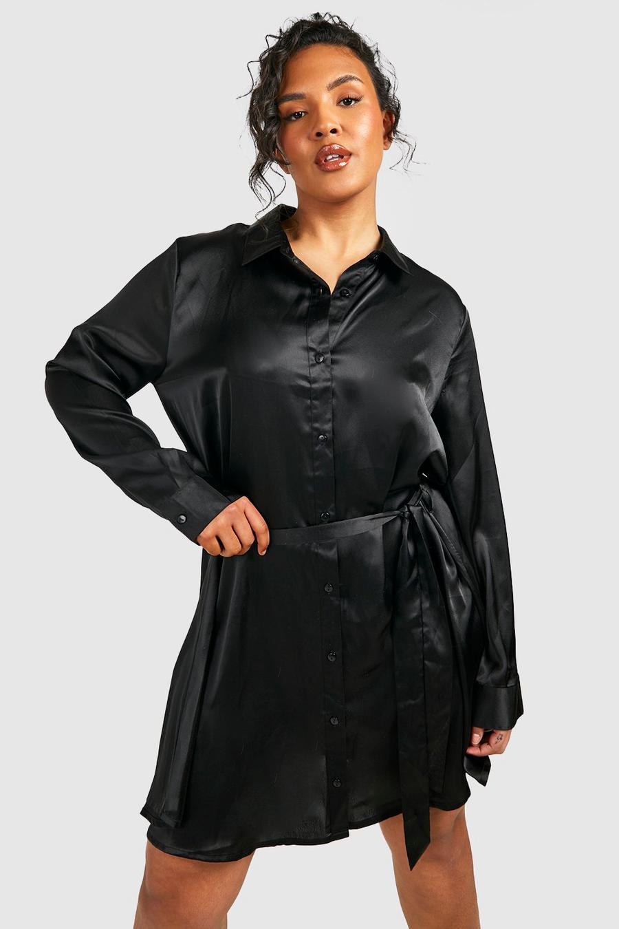Black Plus Satin Midi Belted Shirt Dress  image number 1