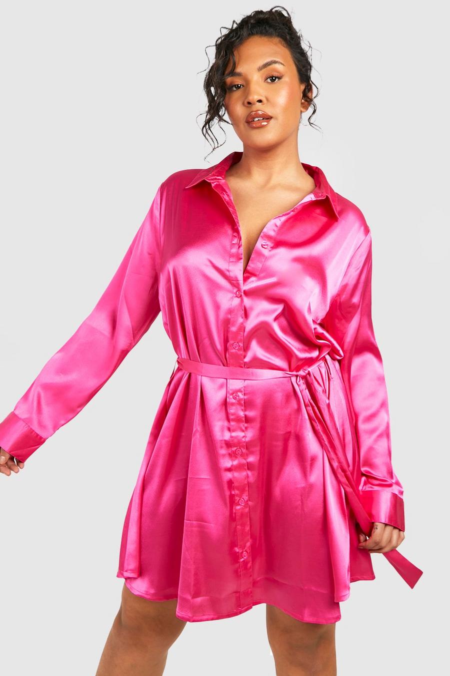 Hot pink Plus Satin Midi Belted Shirt Dress  image number 1