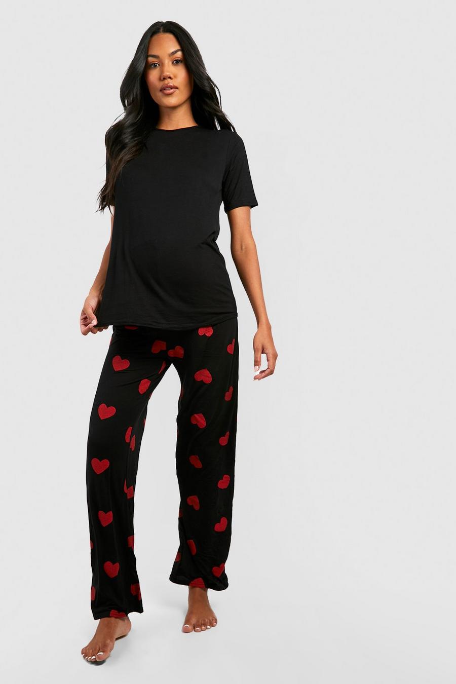 Black Maternity Love Heart Pyjama Pants Set image number 1