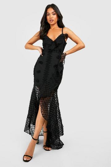 Black Petite Premium Texture Ruffle Wrap Maxi Dress