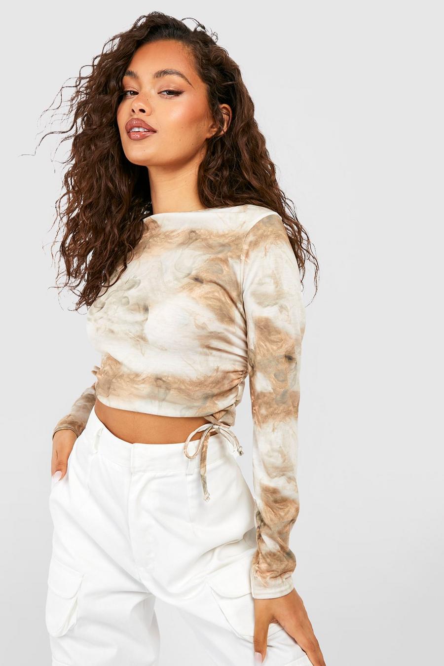 Nude color carne Marble Print Ruched Side Long Sleeve Crop Top image number 1