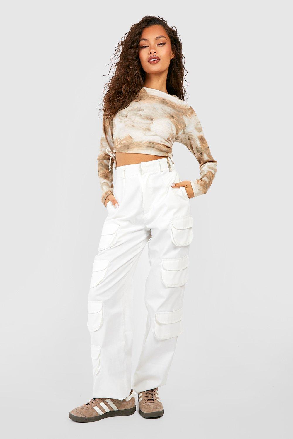 Marble Print Ruched Side Long Sleeve Crop Top