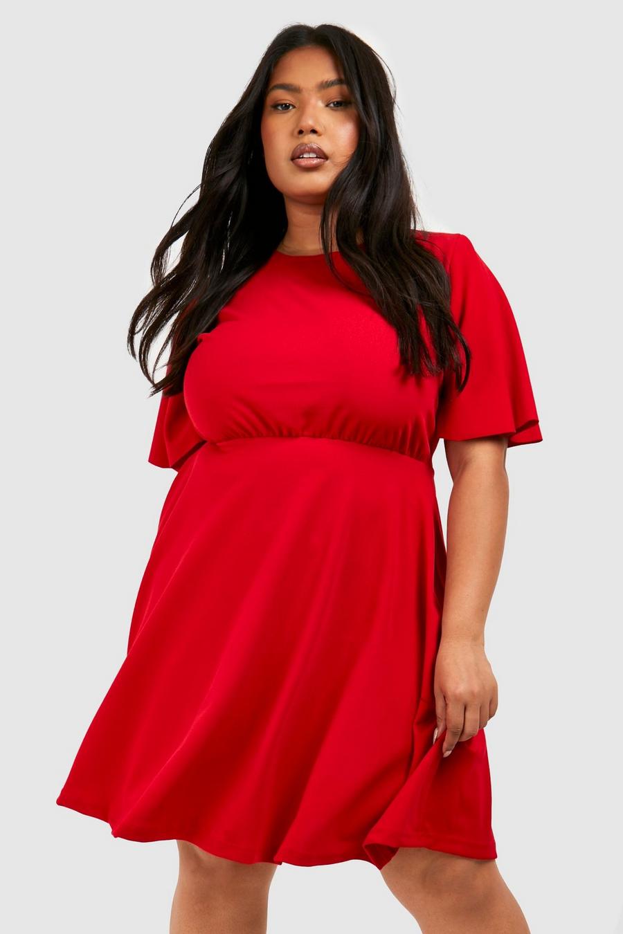 Red rouge Plus Pleated Angel Sleeve Skater Dress