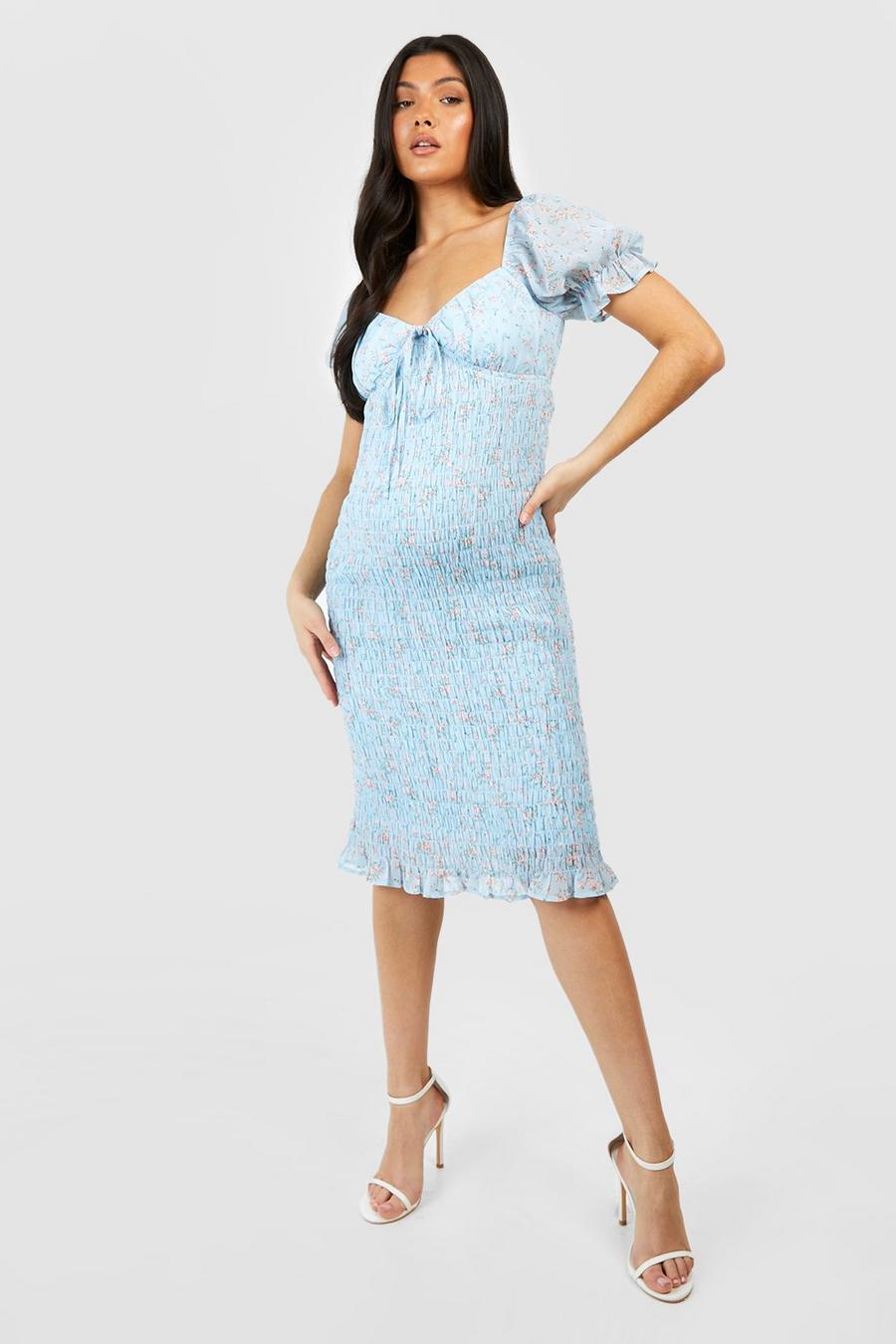 Blue Maternity Ditsy Shirred Midi Dress image number 1