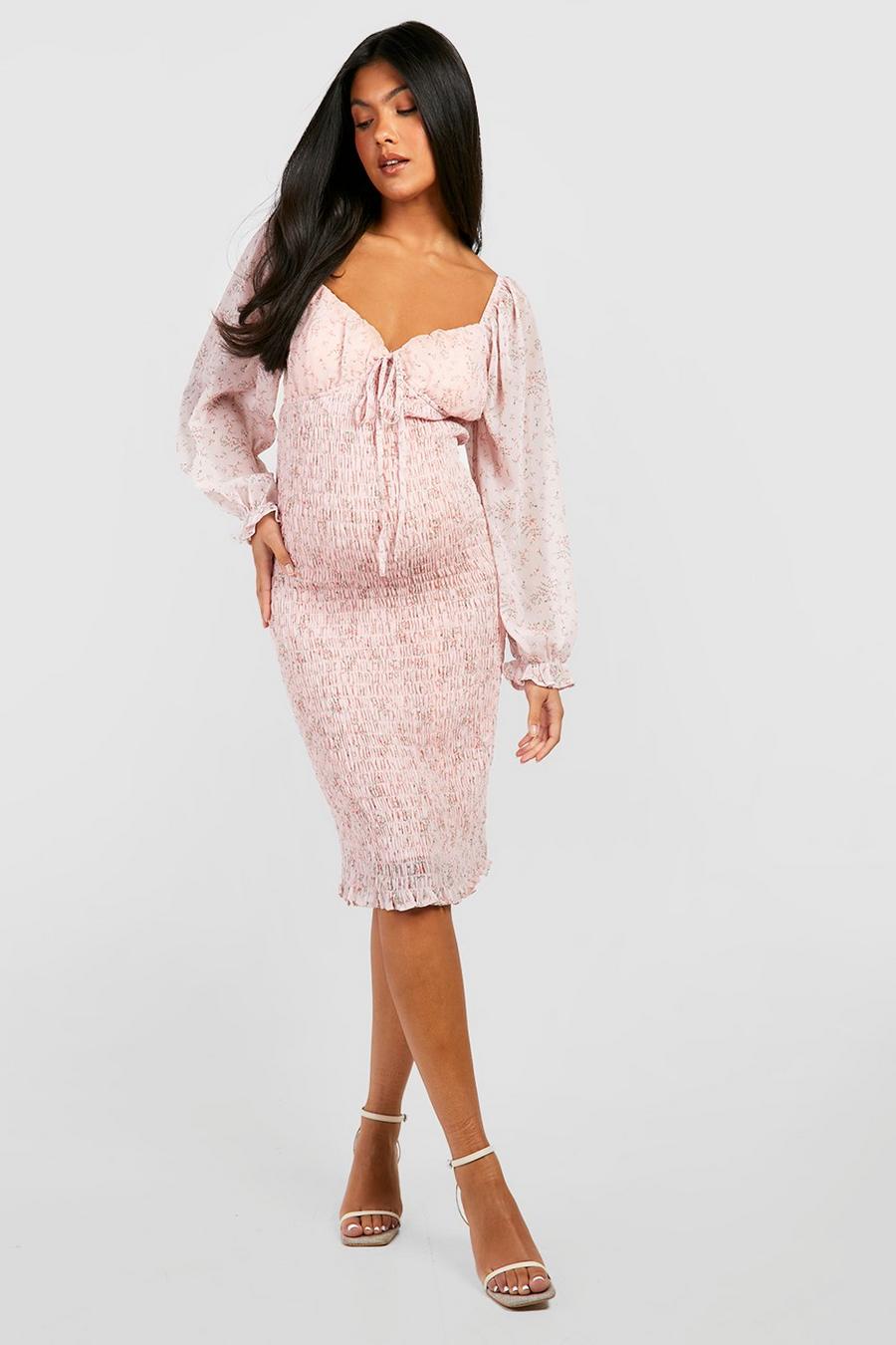 Baby pink Maternity Shirred Long Sleeve Midi Dress image number 1