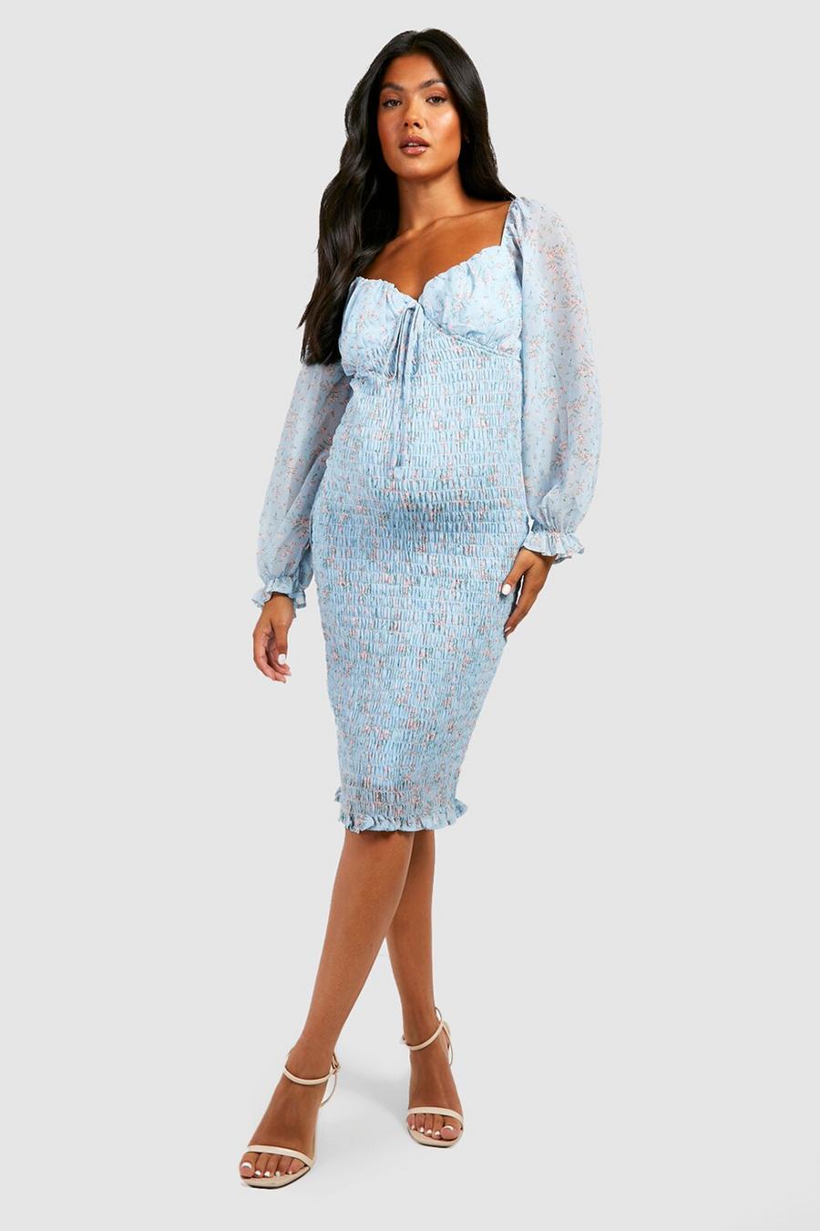 Blue Maternity Shirred Long Sleeve Midi Dress image number 1