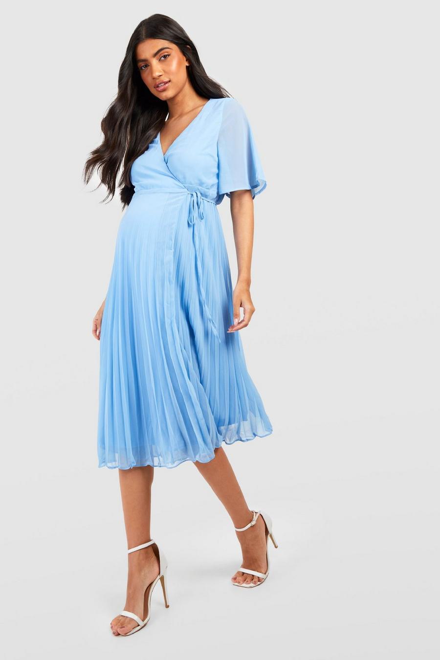 Baby blue Maternity Wrap Pleated Skater Midi Dress image number 1