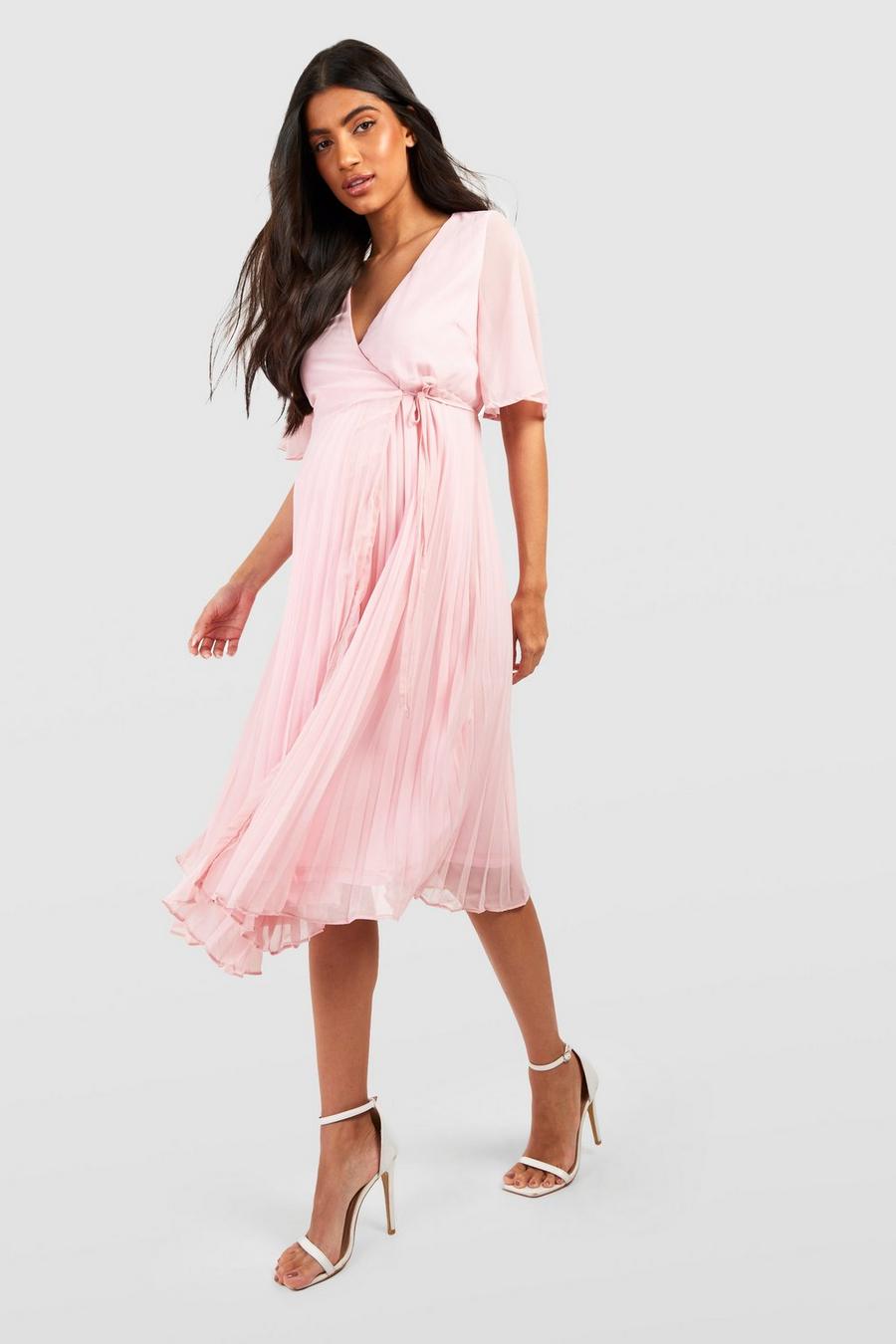 Baby pink Maternity Wrap Pleated Skater Midi Dress image number 1
