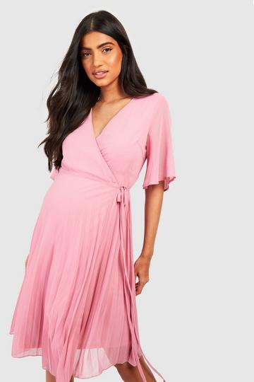 Maternity Pleated Wrap Midi Skater Dress blush