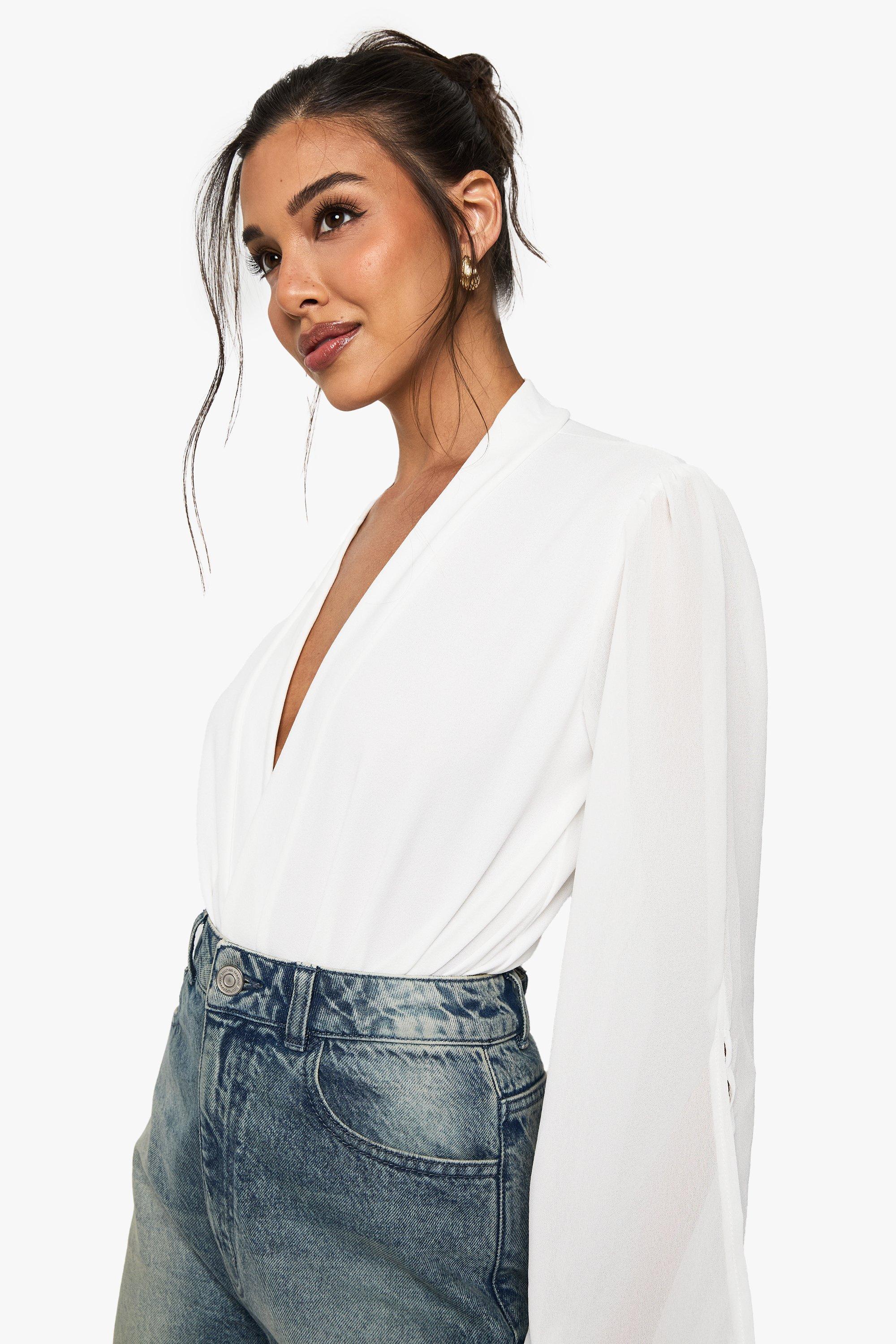 White Wrap Chiffon Sleeve Bodysuit